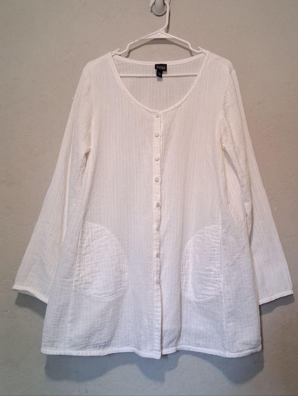 Eileen Fisher Button Up Long Sleeve Gauze White Tunic SzL Pocket Basic 100% Cott